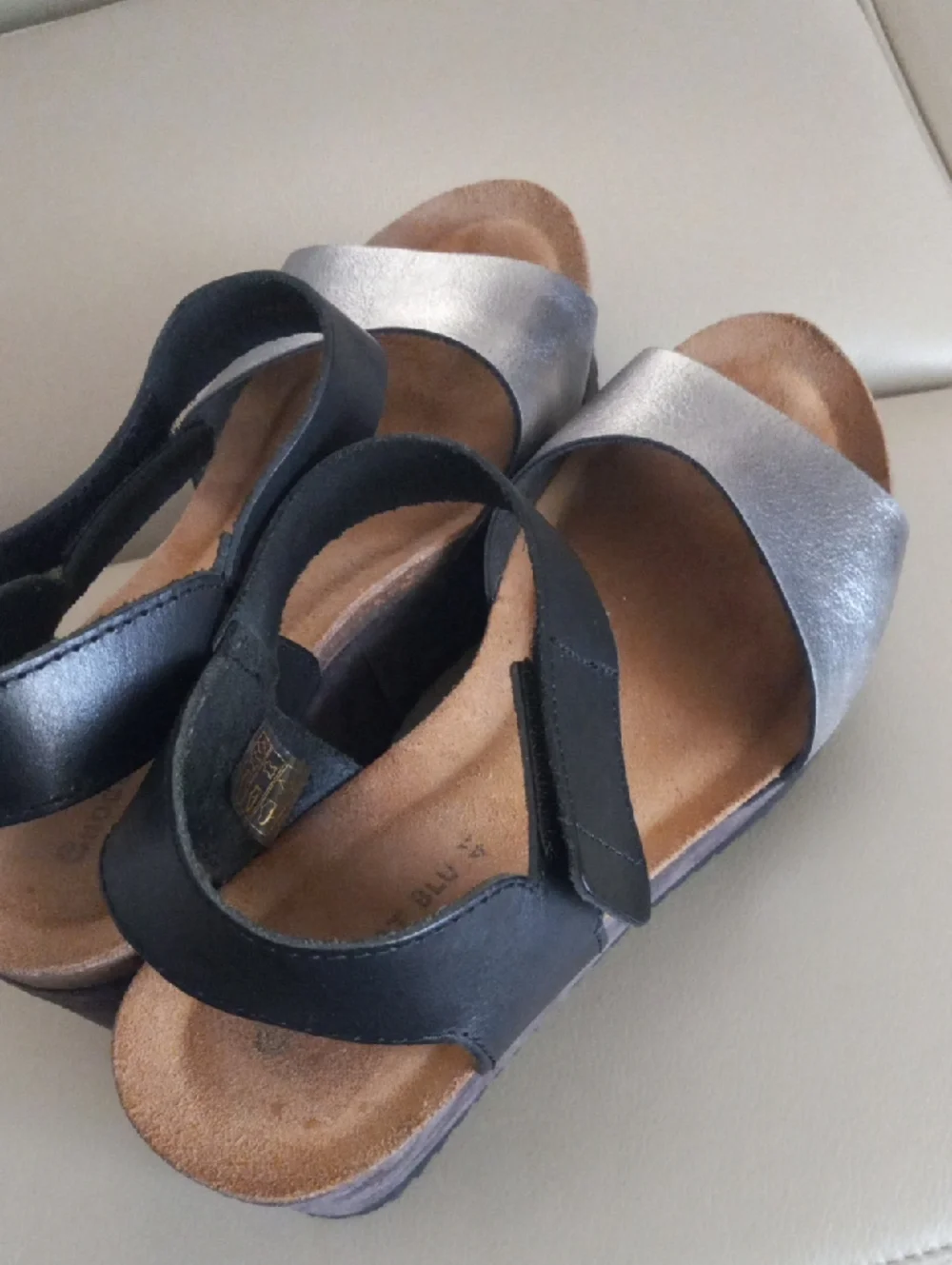 Chocolat Blu Metallic Silver and Black Platform Wedge Sandals Size EU 41